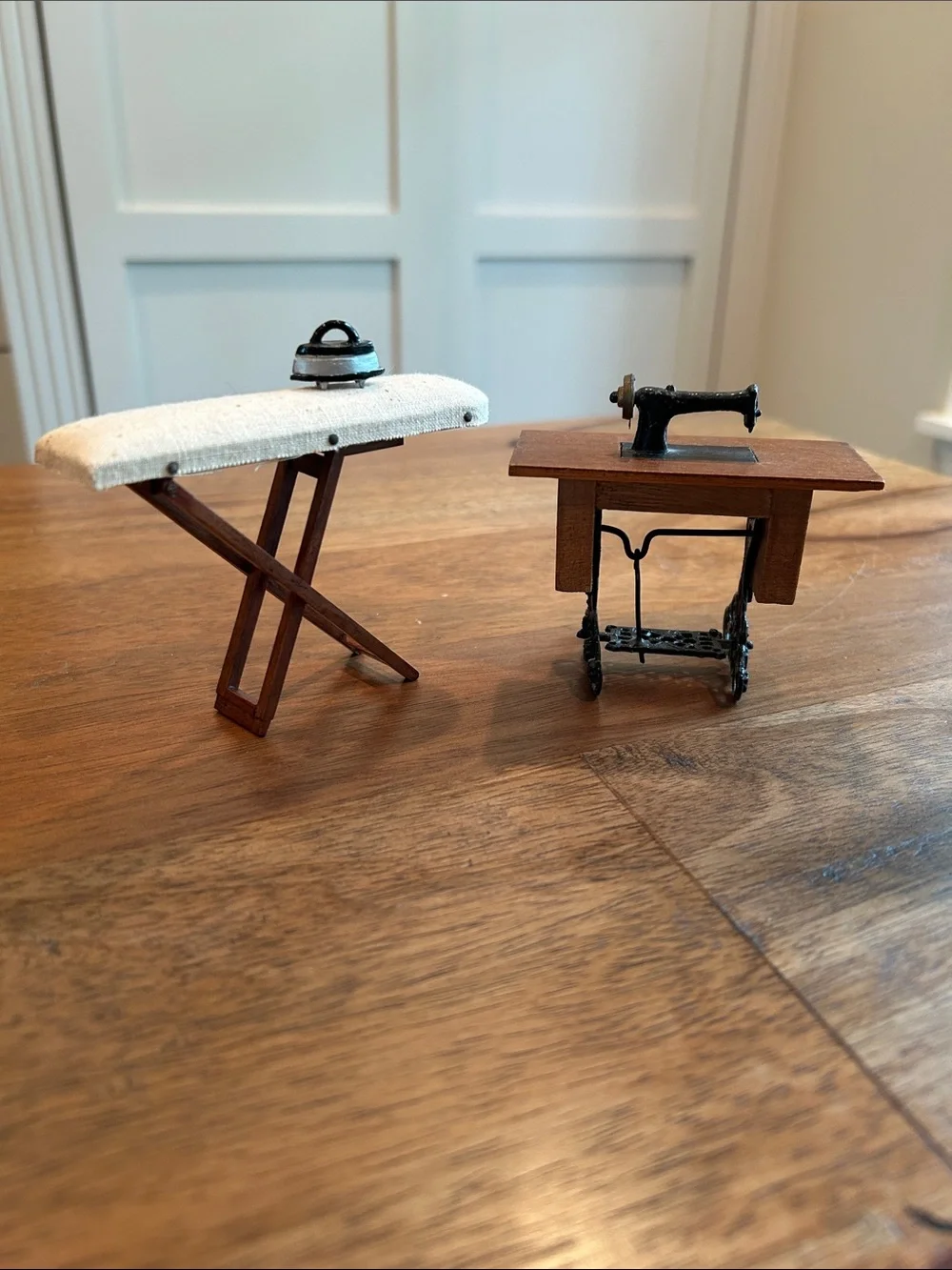 Vtg Sewing Machine & Folding Ironing Board with Iron, Dollhouse Furniture